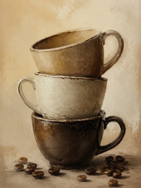 Stapelnde Kaffeetassen als Kunstdruck oder Leinwand für die Küche