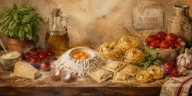 Italienisches Stillleben mit Pasta und Tomaten, Leinwand oder Kunstdruck
