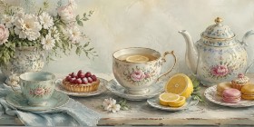 Florales Stillleben als Kunstdruck oder Wandbild mit Teekanne