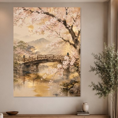 Kirschblütenbrücke am See als Leinwandbild oder Kunstdruck