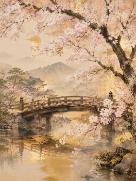 Kirschblütenbrücke am See als Leinwandbild oder Kunstdruck