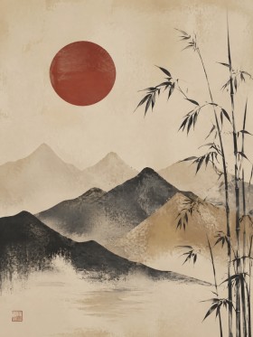 Japanische Landschaft mit Sonne, Wandbild oder Kunstdruck