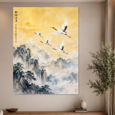Japanische Kraniche im Morgenlicht, Wandbild oder Kunstdruck