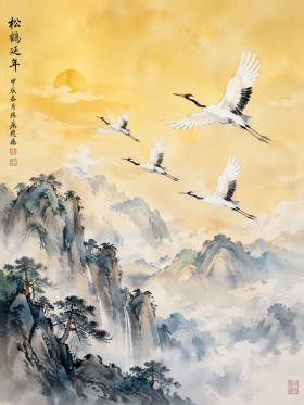 Japanische Kraniche im Morgenlicht, Wandbild oder Kunstdruck