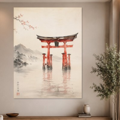 Japanische Torii am See, Leinwand und Kunstdruck