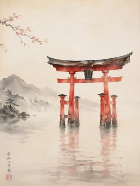 Japanische Torii am See, Leinwand und Kunstdruck