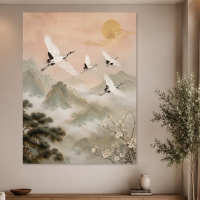 Elegantes Kranichmotiv, Wandbild oder Fine Art Print mit goldener Landschaft