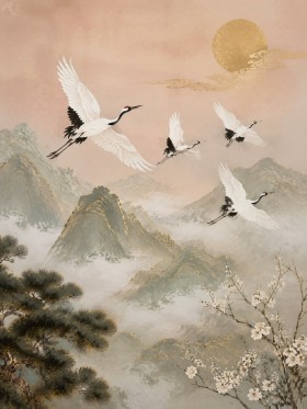 Elegantes Kranichmotiv, Wandbild oder Fine Art Print mit goldener Landschaft