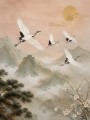 Elegantes Kranichmotiv, Wandbild oder Fine Art Print mit goldener Landschaft