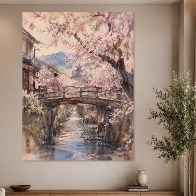 Kirschblütenbrücke am Fluss, Leinwand oder Kunstdruck mit japanischer Landschaft