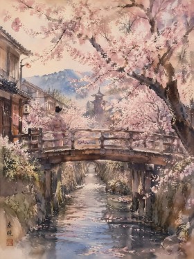 Kirschblütenbrücke am Fluss, Leinwand oder Kunstdruck mit japanischer Landschaft