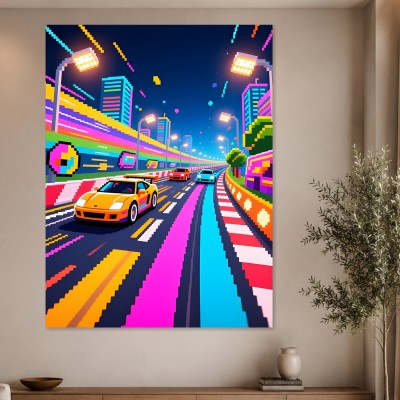 Neon-Rennszene als Poster oder Leinwand mit pixeliger Stadtkulisse