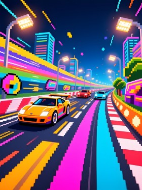 Neon-Rennszene als Poster oder Leinwand mit pixeliger Stadtkulisse
