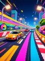 Neon-Rennszene als Poster oder Leinwand mit pixeliger Stadtkulisse
