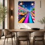 Neon-Rennszene als Poster oder Leinwand mit pixeliger Stadtkulisse