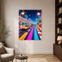Neon-Rennszene als Poster oder Leinwand mit pixeliger Stadtkulisse