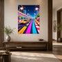 Neon-Rennszene als Poster oder Leinwand mit pixeliger Stadtkulisse
