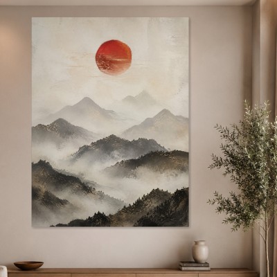 Mystische Berglandschaft mit roter Sonne, Fine Art Print oder Acrylglasbild