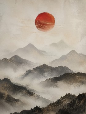 Mystische Berglandschaft mit roter Sonne, Fine Art Print oder Acrylglasbild