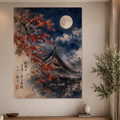 Japanische Mondnacht, Kunstwerk und Kunstdruck mit Tempeldach und Ahornblättern