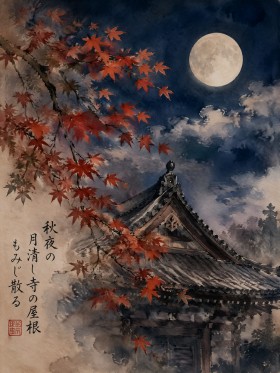 Japanische Mondnacht, Kunstwerk und Kunstdruck mit Tempeldach und Ahornblättern
