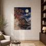 Japanische Mondnacht, Kunstwerk und Kunstdruck mit Tempeldach und Ahornblättern