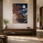 Japanische Mondnacht, Kunstwerk und Kunstdruck mit Tempeldach und Ahornblättern