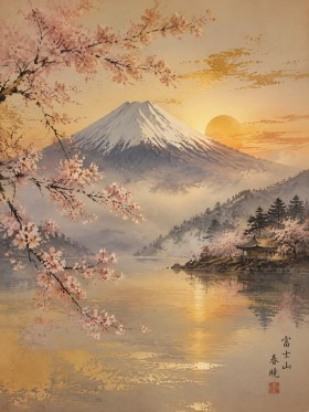 Fuji im Morgenlicht, Leinwand oder Kunstdruck mit Kirschblüten
