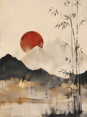 Zen Landschaft als Wandbild oder Kunstdruck mit roter Sonne