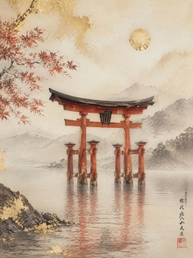 Japanisches Torii bei Nebel als Leinwand oder Fine Art Print
