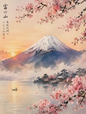 Japansche Berglandschaft mit Kirschblüten, Wandbild oder Fine Art Print
