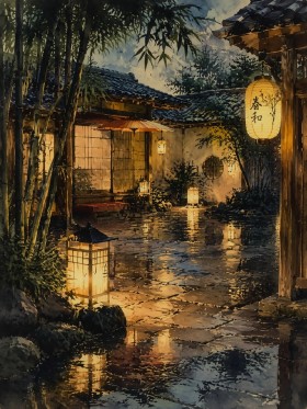 Japanischer Garten bei Nacht als Leinwandbild oder Acrylbild