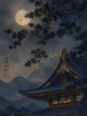 Japanische Mondnacht mit Tempel, Kunstdruck und Fine Art Print