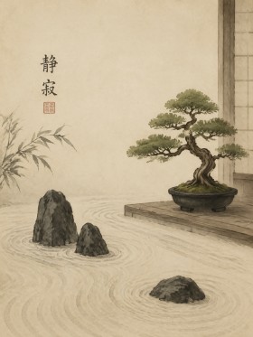 Zen Garten mit Bonsai als Wandbild oder Fine Art Print