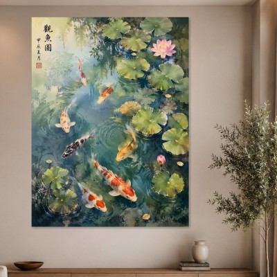 Koi im Teich, Leinwand oder Poster mit japanischer Ruhe