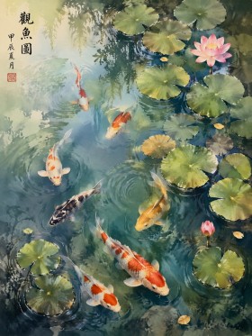 Koi im Teich, Leinwand oder Poster mit japanischer Ruhe