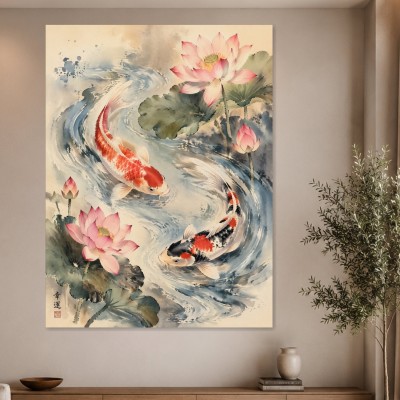 Koi im Wasserkreis, Wandbild oder Fine Art Print mit Lotusblüten