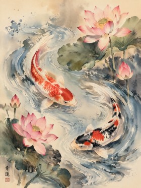 Koi im Wasserkreis, Wandbild oder Fine Art Print mit Lotusblüten