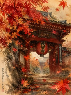 Herbstlicher Tempelpfad als Kunstdruck und Wandbild mit japanischer Ruhe