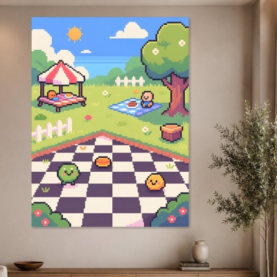 Pixel Garten mit Picnic Szene als Wandbild oder Kunstdruck