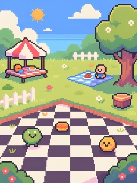 Pixel Garten mit Picnic Szene als Wandbild oder Kunstdruck