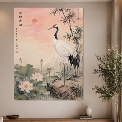 Kran und Lotus im Morgenlicht, Kunstdruck oder Wandbild