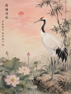 Kran und Lotus im Morgenlicht, Kunstdruck oder Wandbild