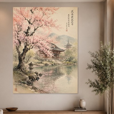 Kirschblüten am Tempel, Kunstdruck oder Gallery Print