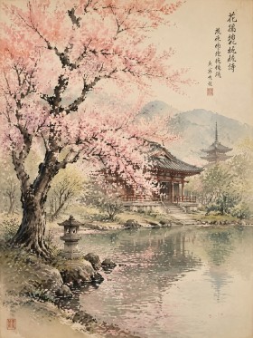 Kirschblüten am Tempel, Kunstdruck oder Gallery Print
