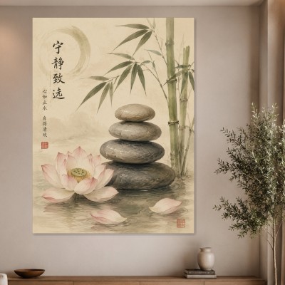 Zen Lotus mit Bambus, Wandbild oder Kunstdruck