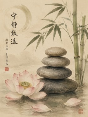 Zen Lotus mit Bambus, Wandbild oder Kunstdruck