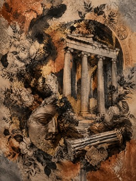 Antikes Collage Motiv als Kunstwerk oder Wandbild mit Säulen