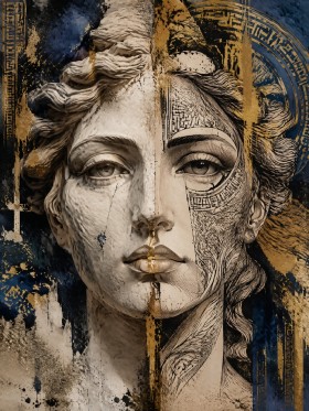 Elegantes Porträt zwischen Kunstwerk und Acrylbild in Gold und Blau