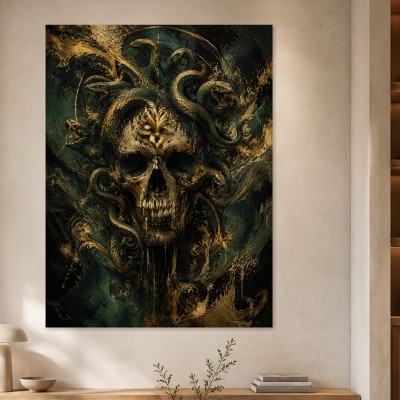 Dunkles Schlangenmotiv als Wandbild und Kunstdruck mit Goldakzenten